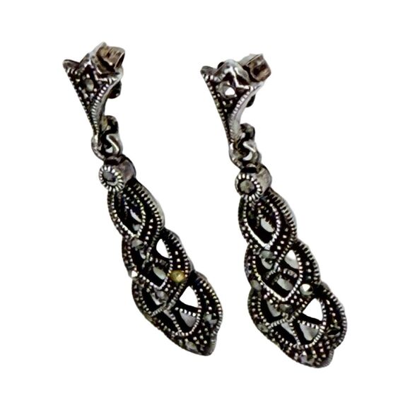 925 Sterling Silver Marcasite Dangle Earrings 1 3/8" Tiered Art Deco Sparkle - Picture 4 of 10